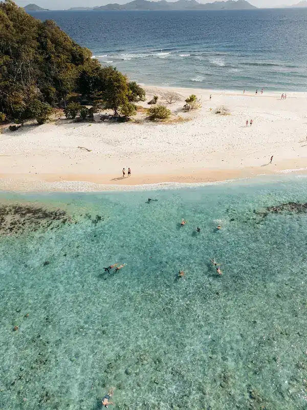 Aerial drone view of snorkelers above a Linapacan coral reef in the clearest water in the Philippines
