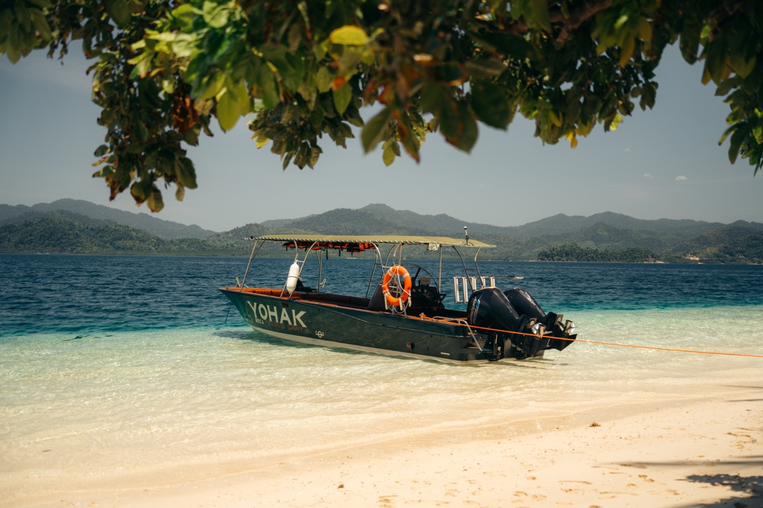Seatours speedboat moored at a Palawan white-sand beach